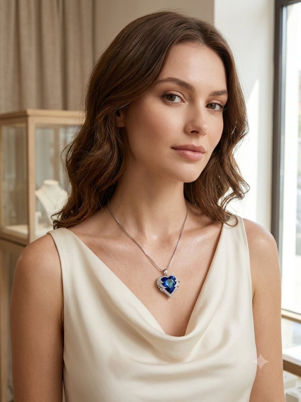 Vintage Crystal Accent Blue Rhinestone Heart Pendant On box Chain Necklace WOW!